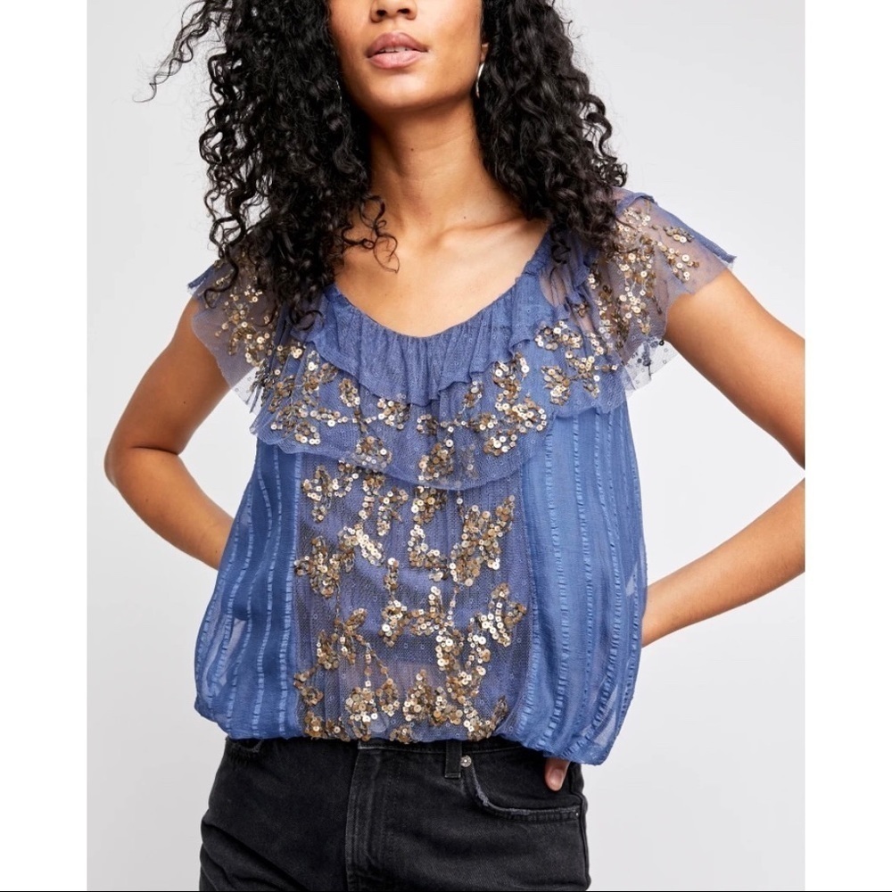 Free People Elisas Off the Shoulder Gold Sequin Blue Top XS SAMPLE - Picture 1 of 15